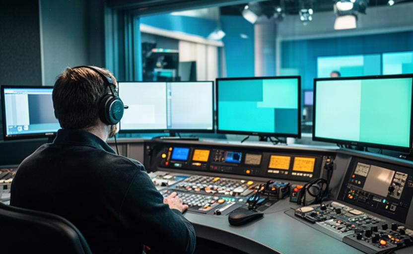 Television production control room with director and illuminated monitors